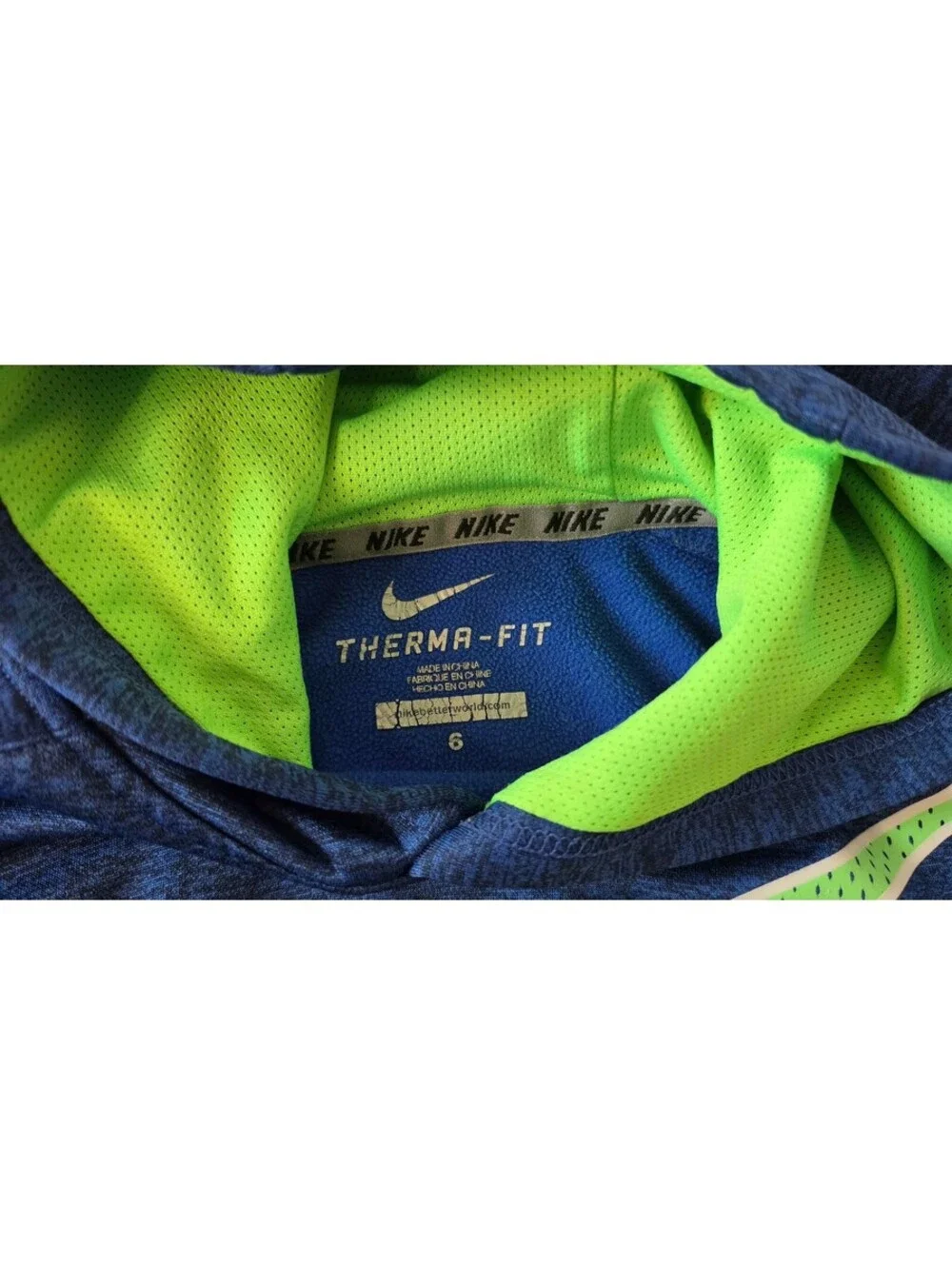 Nike Boys Therma-FIT Hoodie Sweatshirt Blue Neon Green Swoosh Size 6, #96